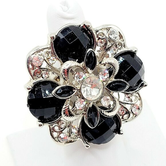 Large Rhinestone Statement Stretch Ring Silver Tone Black & Clear Stones Sz 6&Up - Picture 1 of 6